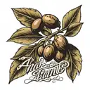 The word “andante” written in calligraphy with an olivetree branch and olives as a small black and white tattoo tattoo design idea