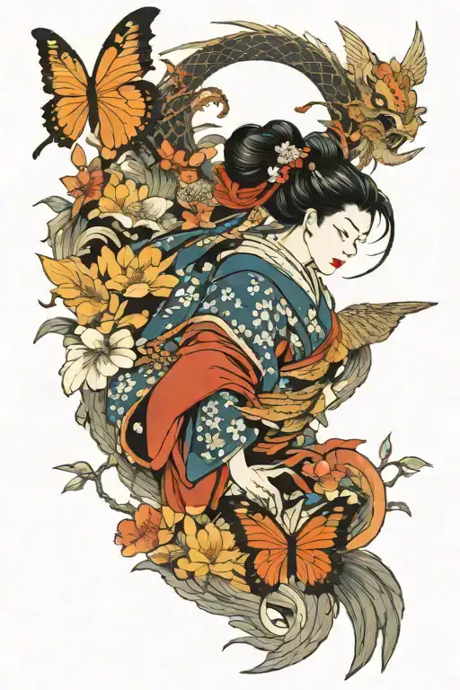geisha, dragon, 3 butterflys, eagle and samurai warrior tattoo design idea