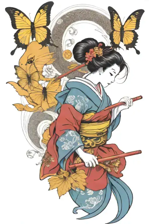 geisha with umbrella over left shoulder and holding dress on right , dragon, 3 butterflys, eagle and samurai warrior tattoo design idea
