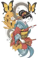 geisha with umbrella over left shoulder and holding dress on right , dragon, 3 butterflys, eagle and samurai warrior tattoo design idea