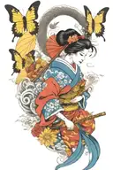 geisha with umbrella over left shoulder and holding dress on right , dragon, 3 butterflys, eagle and samurai warrior tattoo design idea