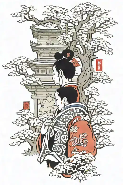 japanese Samuri standing in front of 2 temples peeking through the trees tattoo design idea