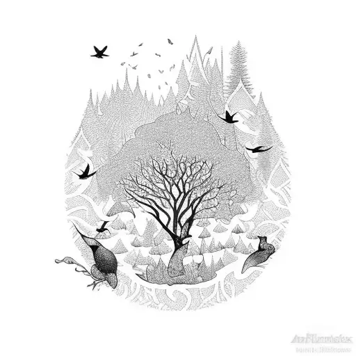 A blackwork design of a mystical forest with European gold finches hidden among the trees tattoo design idea