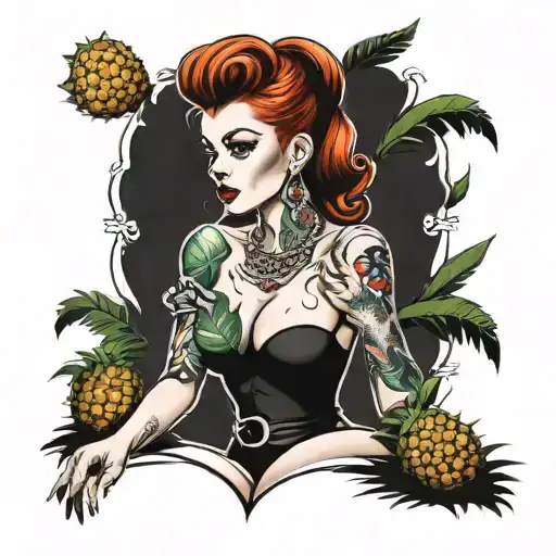 nude topless redhead pinup girl with pineapple tattoo design idea
