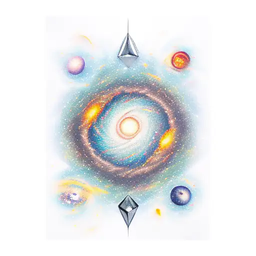 galaxies, cosmic explosions, planets, astronaut woman tattoo design idea