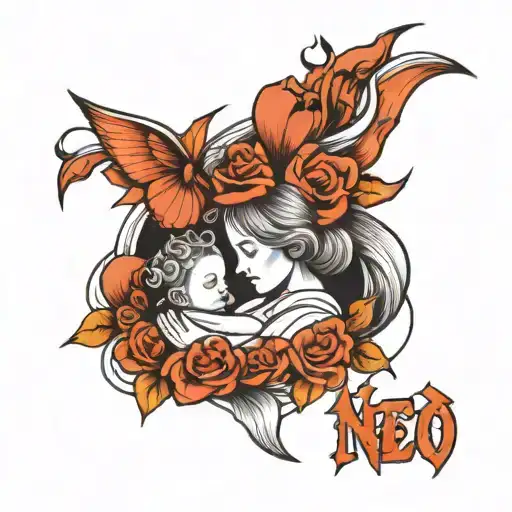 pencil outline tattoo mother with baby and teen  tattoo design idea