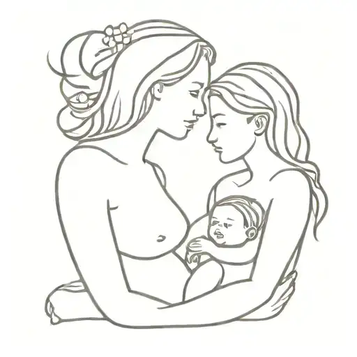 outline mother with baby and teen girl  tattoo design idea