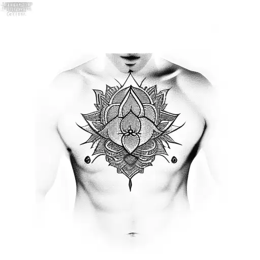 eyes in the lotus on men center chest vertical and long tattoo design idea