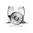 An elegant wine glass with a silhouette of a camera and film reel inside tattoo design idea
