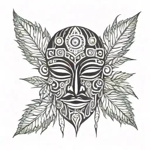 African tribal mask with dreadlocks made out of cannabis leaves tattoo design idea