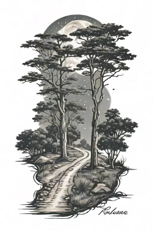 dirt road and trees and a night sky filled tattoo design idea