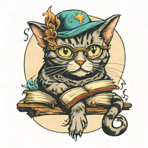 cat, harry potter books, diving, seawaves tattoo design idea