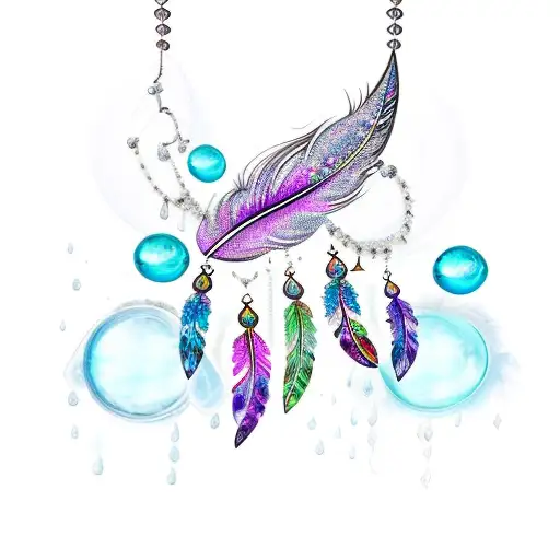 a feather with chandelier type 'gems' hanging below in a swag type fashion with a water color splash background tattoo design idea