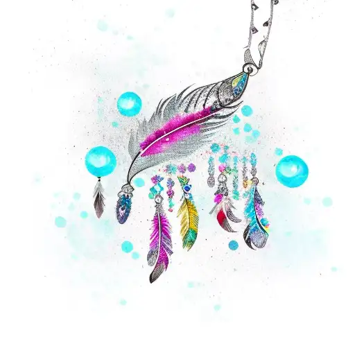 a feather with chandelier type 'gems' hanging below in a swag type fashion with a water color splash background tattoo design idea