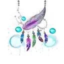 a feather with chandelier type 'gems' hanging below in a swag type fashion with a water color splash background tattoo design idea