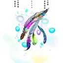a feather with chandelier type 'gems' hanging below in a swag type fashion with a water color splash background tattoo design idea