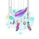 a feather with chandelier type 'gems' hanging below in a swag type fashion with a water color splash background tattoo design idea