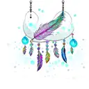 a feather with chandelier type 'gems' hanging below in a swag type fashion with a water color splash background tattoo design idea