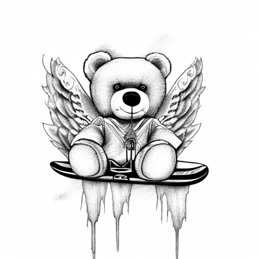 Teddy Bear with angel wings riding a skateboard tattoo design idea