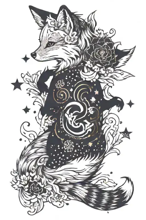a baby fox kawai with seven tails watching stars forming tattoo design idea