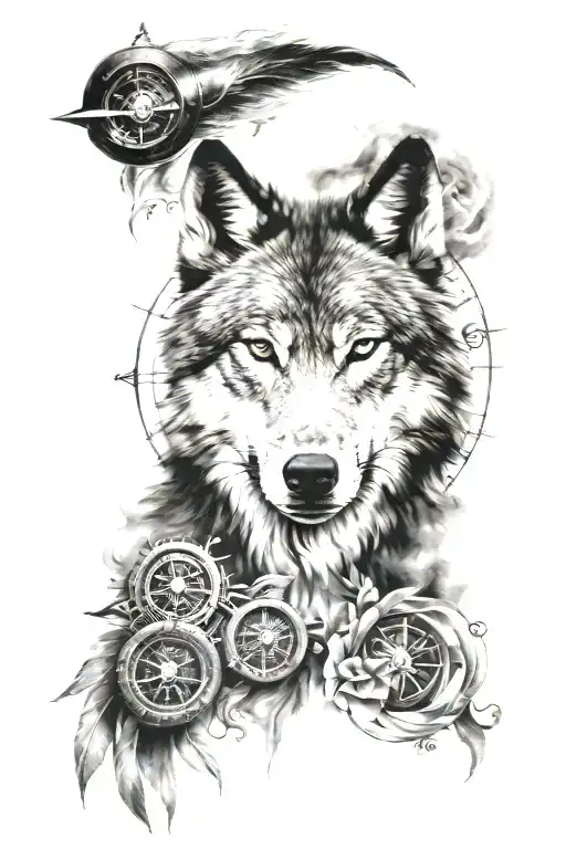 wolf face with compass and rose  tattoo design idea