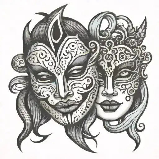 i want to see a happy/sad mask tattoo illustration in black and white. I want only one mask divided in two  part and it  tattoo design idea