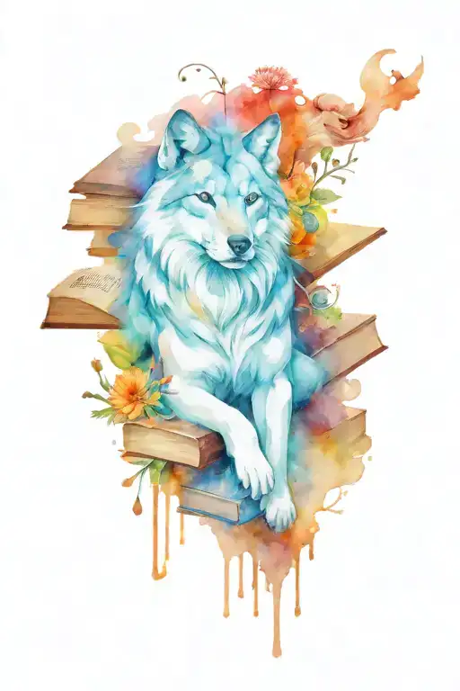 Watercolor stack of books with fantastical images of a wolf, lion, sword, and dandelions floating out of the pages, and  tattoo design idea