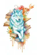 Watercolor stack of books with fantastical images of a wolf, lion, sword, and dandelions floating out of the pages, and  tattoo design idea