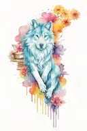 Watercolor stack of books with fantastical images of a wolf, lion, sword, and dandelions floating out of the pages, and  tattoo design idea