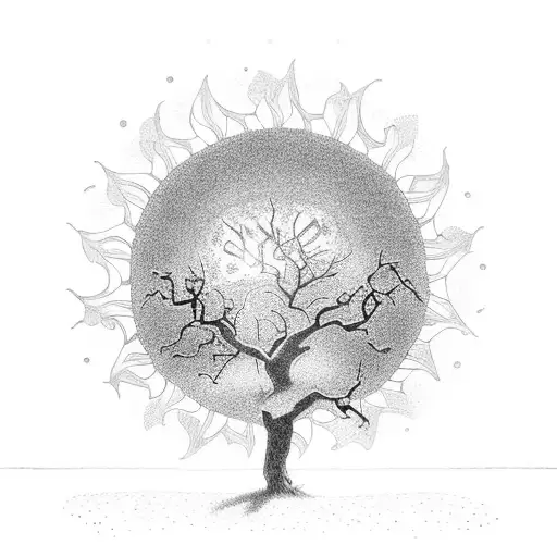 an oak with the sun on the background. leaves are falling and a bird is on the oak tattoo design idea