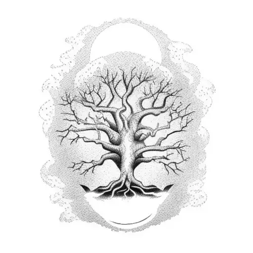 an oak with heart-shaped roots and the sun. leaves are falling and a bird is on the oak tattoo design idea