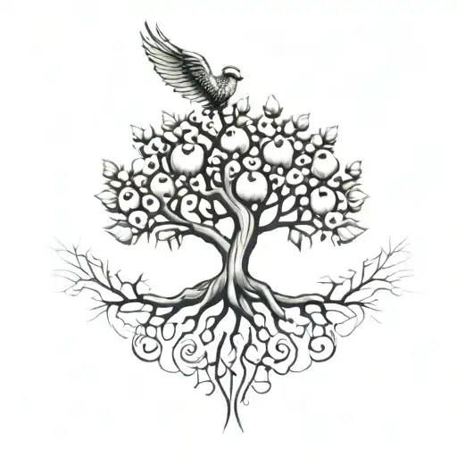 garden of Eden apple tree with the roots in the shape of wings tattoo design idea