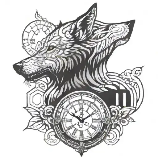 wolf head with clock and symmetrical back tattoo design tattoo design idea