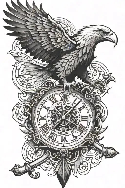 eagle spreading wings with a sword piercing and a clock back tattoo symmetrical tattoo design idea