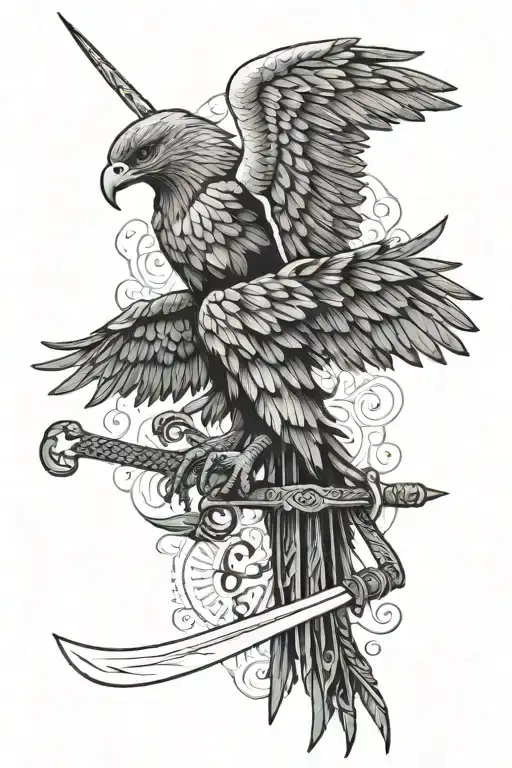 back eagle spread wings with sword tattoo design idea