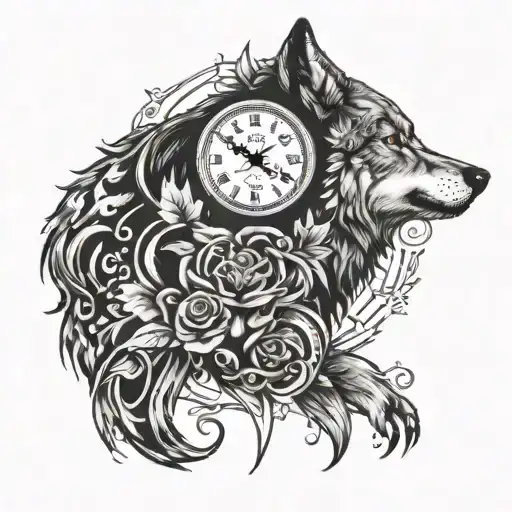 wolf head with clock surrounded and symmetrical back tattoo tattoo design idea