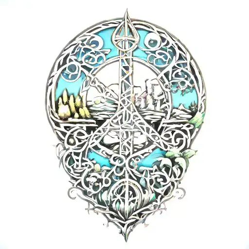 peace sign intertwined with Amazon jungle scene at blue sunset tattoo design idea