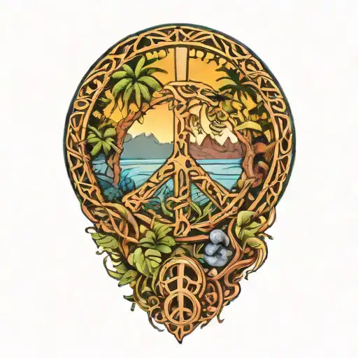 peace sign intertwined with Amazon jungle scene at blue sunset tattoo design idea