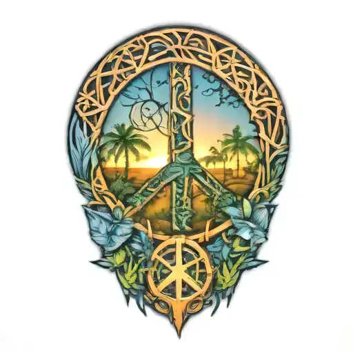 peace sign intertwined with Amazon jungle scene at blue sunset tattoo design idea
