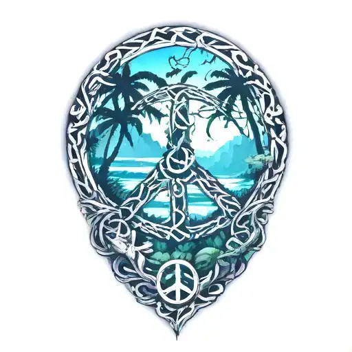 peace sign intertwined with tropical jungle scene tattoo design idea
