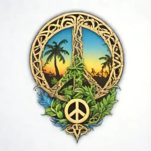 peace sign intertwined with Amazon jungle scene at blue sunset tattoo design idea