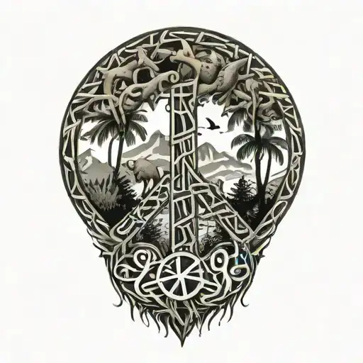 peace sign intertwined with jungle scene tattoo design idea