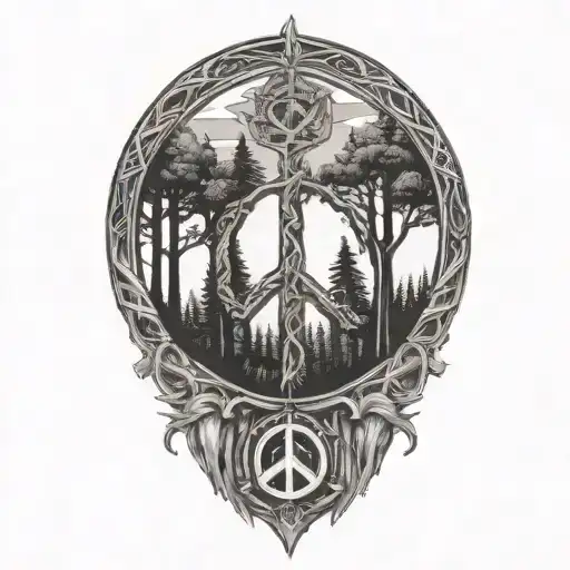 peace sign intertwined with forest scene tattoo design idea