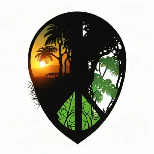 peace sign intertwined with amazon jungle scene and sunset tattoo design idea