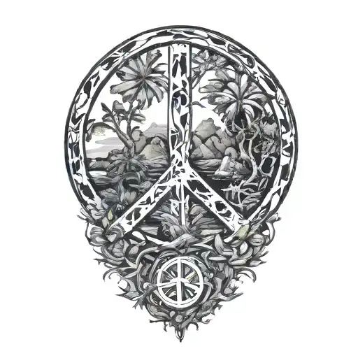 peace sign intertwined with jungle scene tattoo design idea