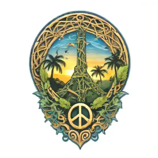 peace sign intertwined with Amazon jungle scene at blue sunset tattoo design idea