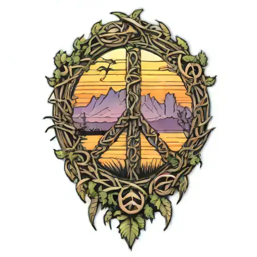 peace sign intertwined with Amazon jungle scene at sunset tattoo design idea
