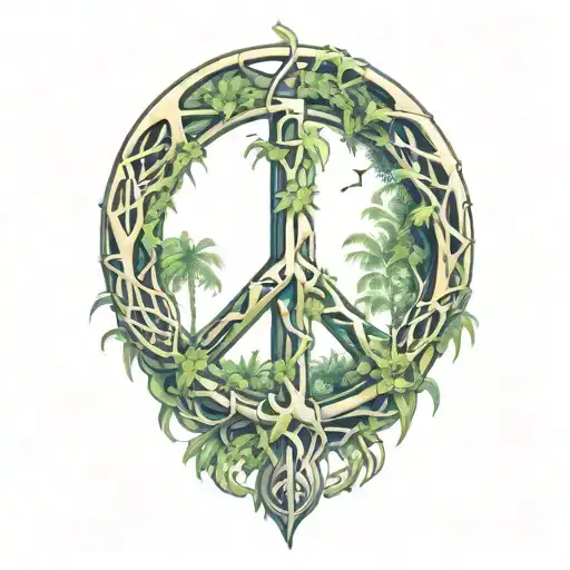 peace sign intertwined with amazon jungle scene tattoo design idea
