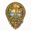 peace sign intertwined with Amazon jungle scene at blue sunset tattoo design idea