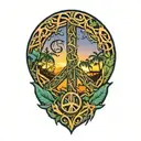 peace sign intertwined with Amazon jungle scene at blue sunset tattoo design idea